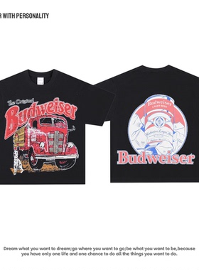 美式双面印花青年圆领T恤纯棉透气重磅高街复古小领口宽松长短袖