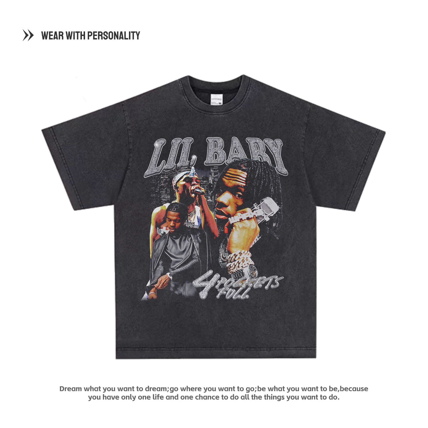 Lil Baby tee数码印花嘻哈宽松说唱美式小领口复古vtg做旧长短袖