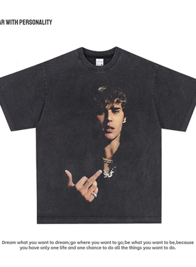 Justinbieber 数码印花嘻哈宽松说唱美式小领口复古vtg做旧短袖