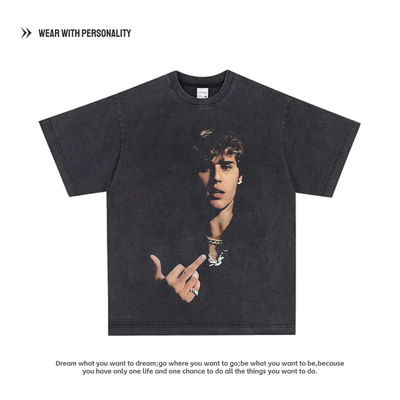 Justinbieber 数码印花嘻哈宽松说唱美式小领口复古vtg做旧短袖