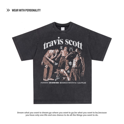 Travis Scott美式复古人像直喷印花短袖T恤小领口重磅纯棉跨境