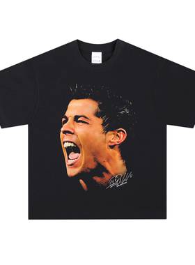 C罗美式T恤高街足球数码直喷复古长短袖纯棉透气水洗做旧连帽卫衣