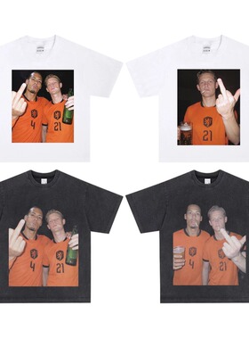 荷兰国家队足球世界杯德容 范戴克印花美式复古做旧T恤纯棉长短袖