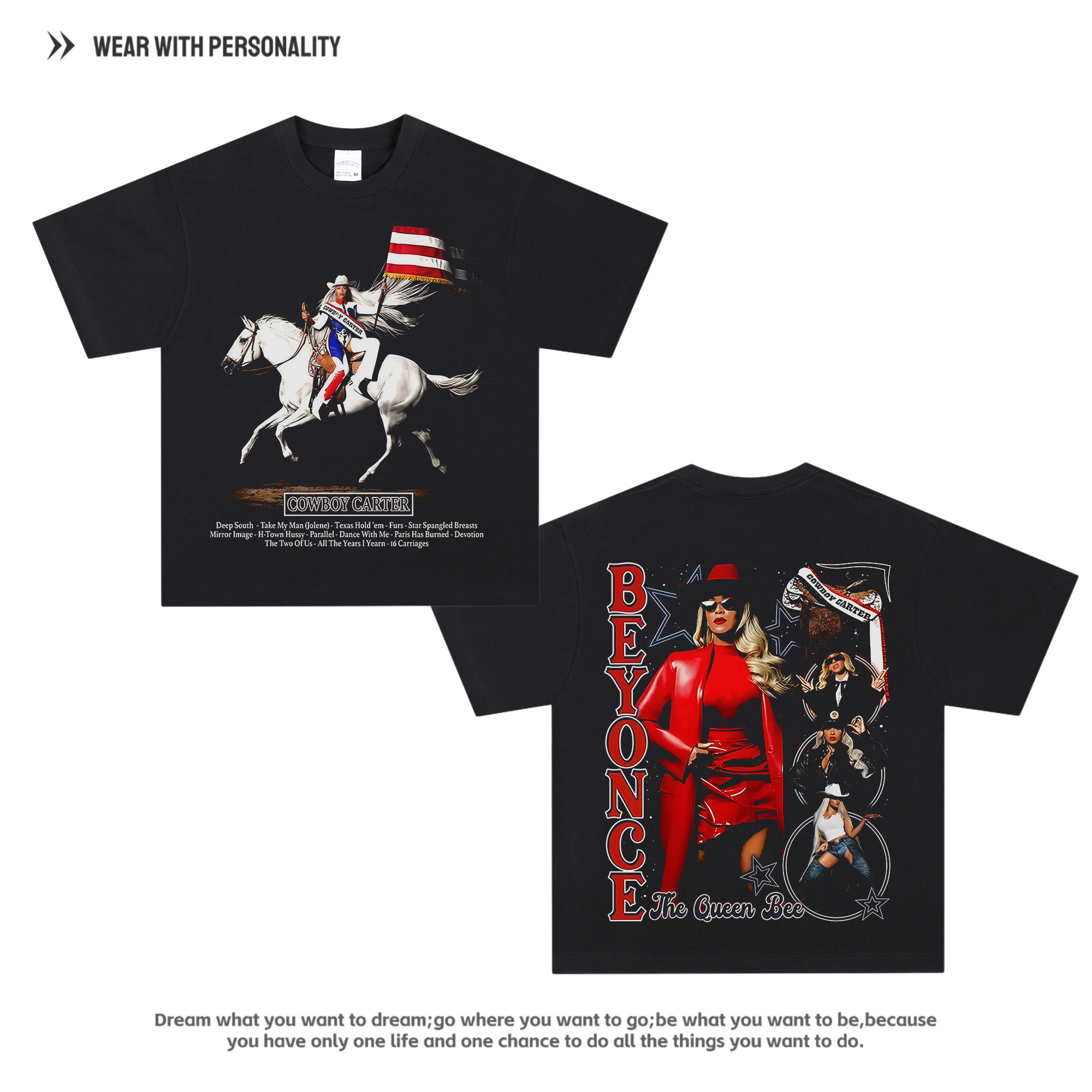 欧美歌手碧昂丝Beyoncé印花长短袖美式oversize双面纯棉上衣Tee