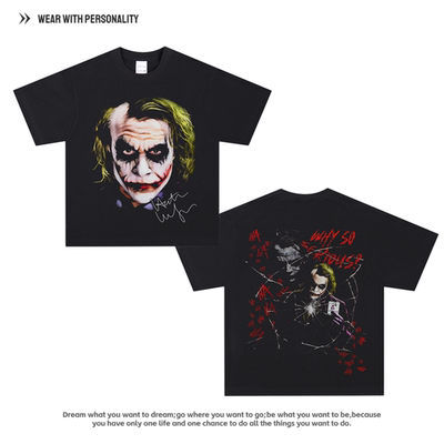 黑暗骑士Joker小丑印花长短袖美式街头复古嘻哈洗水纯棉重磅T恤男