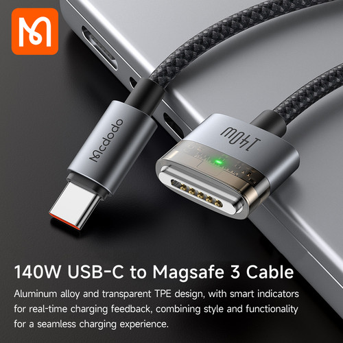 Mcdodo 2米 单头Magsafe3 usb-c PD140W快充线磁吸带指示灯电源线适用于苹果笔电Apple Macbook笔记本电脑头
