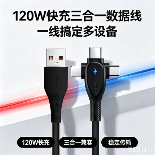 适用于手机平板数码设备等 USB转苹果安卓华为三合一充电线带数据传输功能 typec快充iPhone全兼容vivo oppo