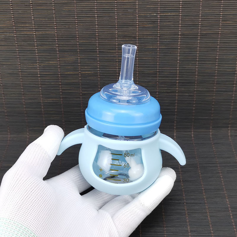 婴幼儿宽口径可爱迷你玻璃小奶瓶80ml宝宝喝水学饮训练手柄吸管杯