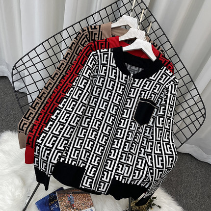 春秋季针织开衫外套女2023新款秋棒球服宽松毛衣拉链上衣拼色外搭