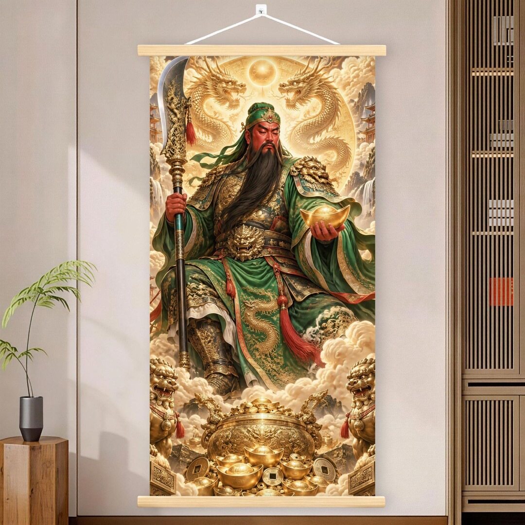 关公卷轴挂画乾坤正气武财神画像新中式客厅玄关忠义关羽招财装饰