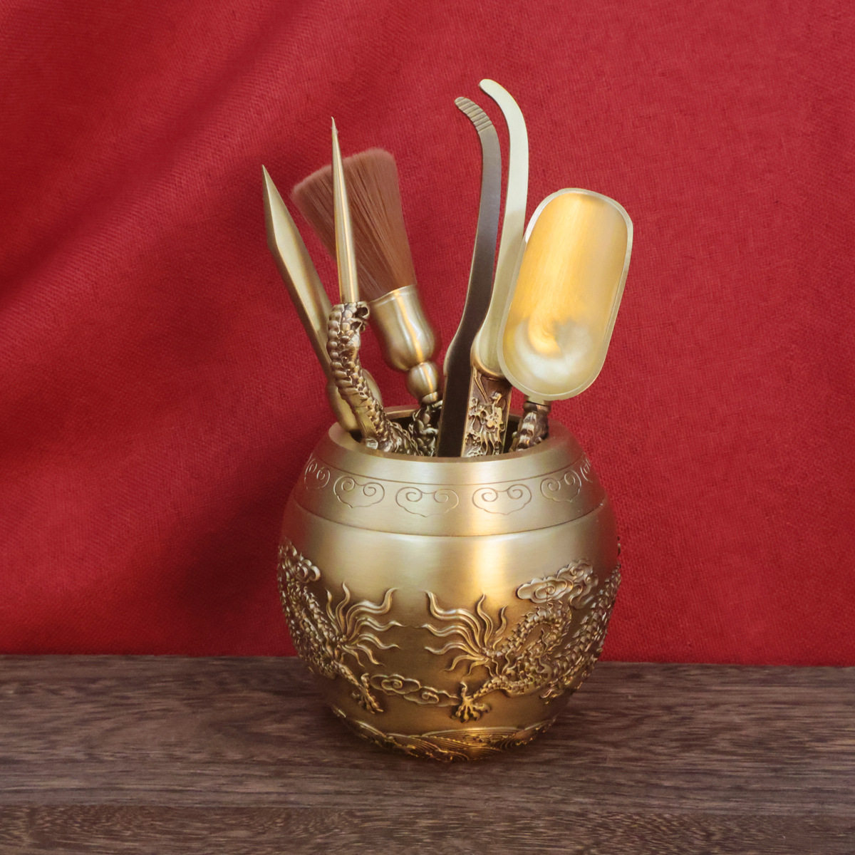 黄铜双龙戏珠茶道六君子摆件摆件