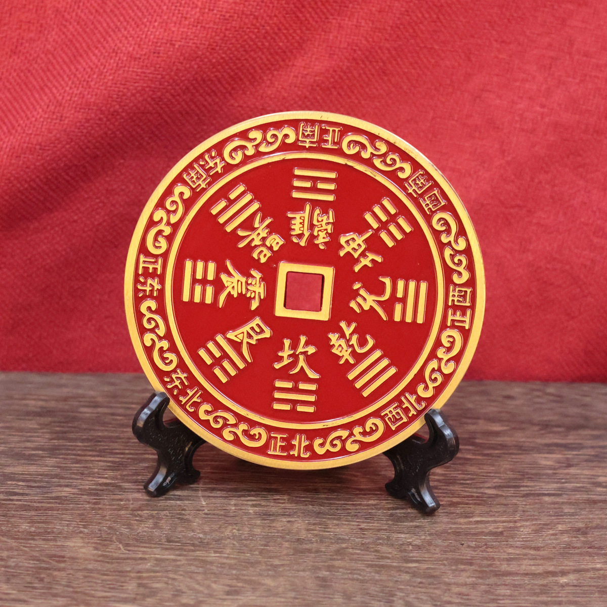 黄铜山鬼花钱圆牌摆件加厚朱砂色