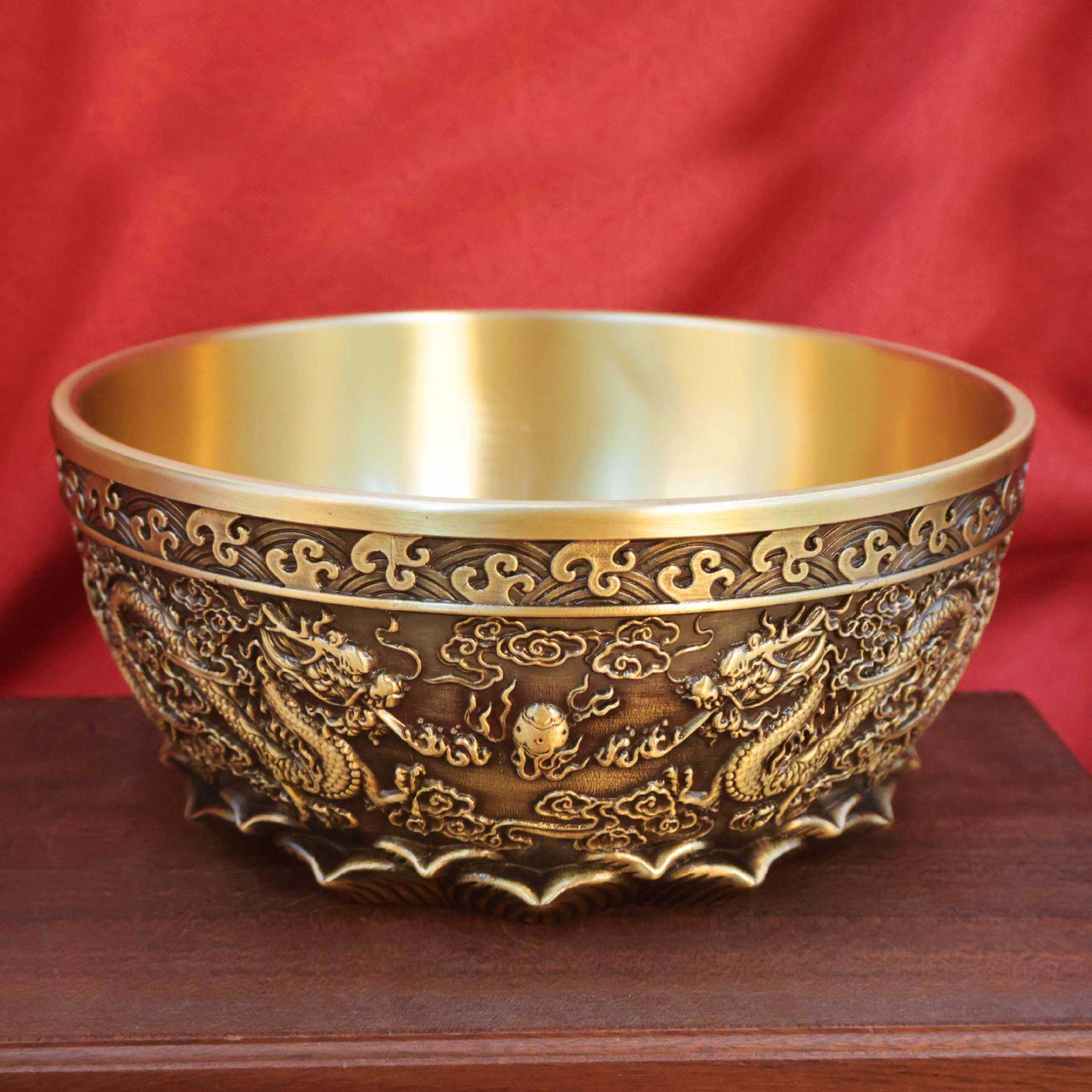 黄铜双龙聚宝盆摆件沈万三实心加