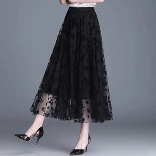 2025新款春夏裙子仙女裙飘逸长裙胖mm广场舞高腰裙纱网大摆裙半身