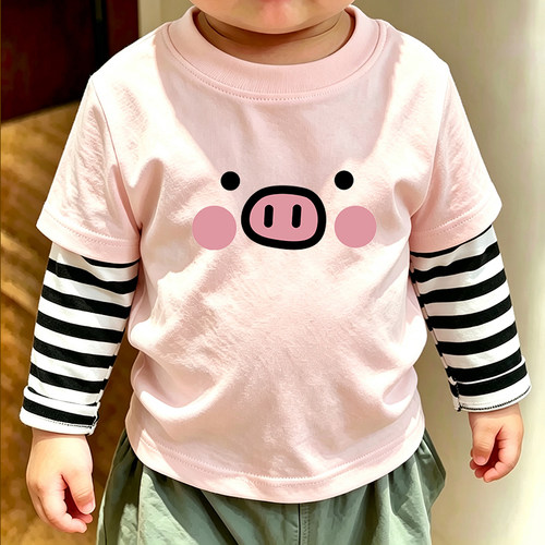 男女童条纹纯棉打底衫长袖春秋儿童假两件卡通趣味小猪图案上衣潮