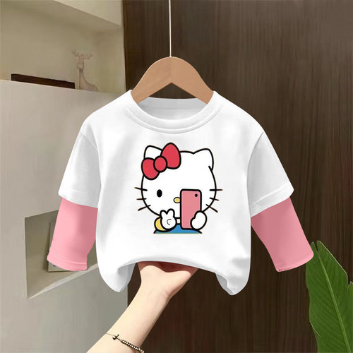 女童春秋季长袖纯棉卡通KT猫打底衫拼接袖洋气中小童女孩百搭上衣