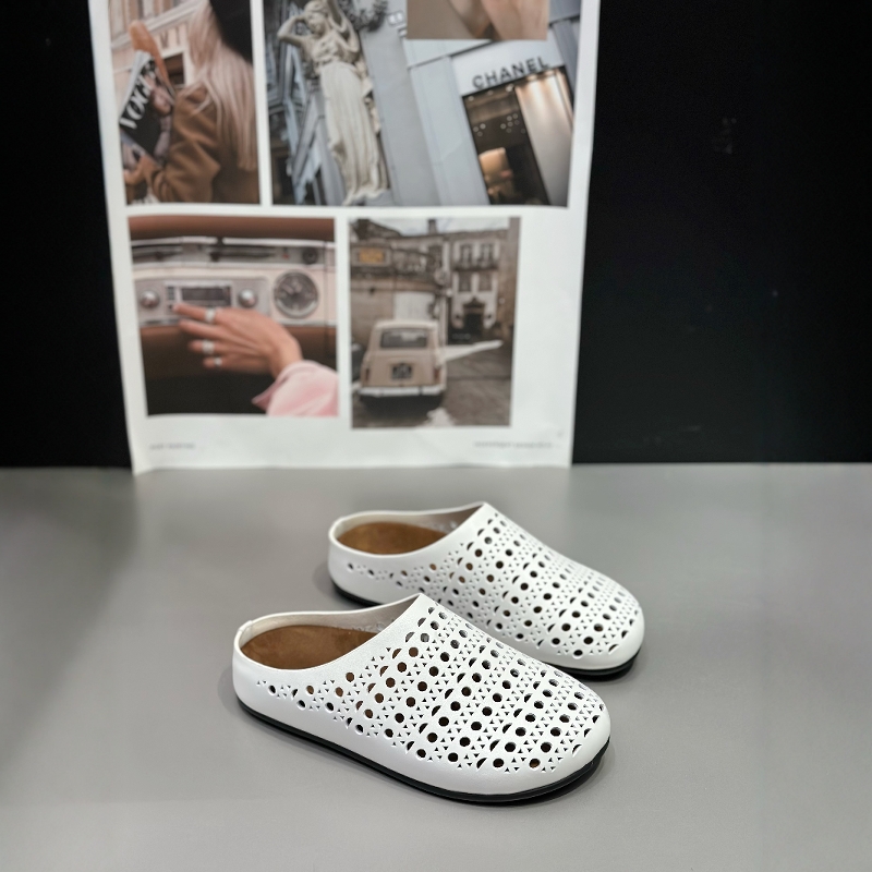 IDO镂空包头真皮半拖鞋女平底夏