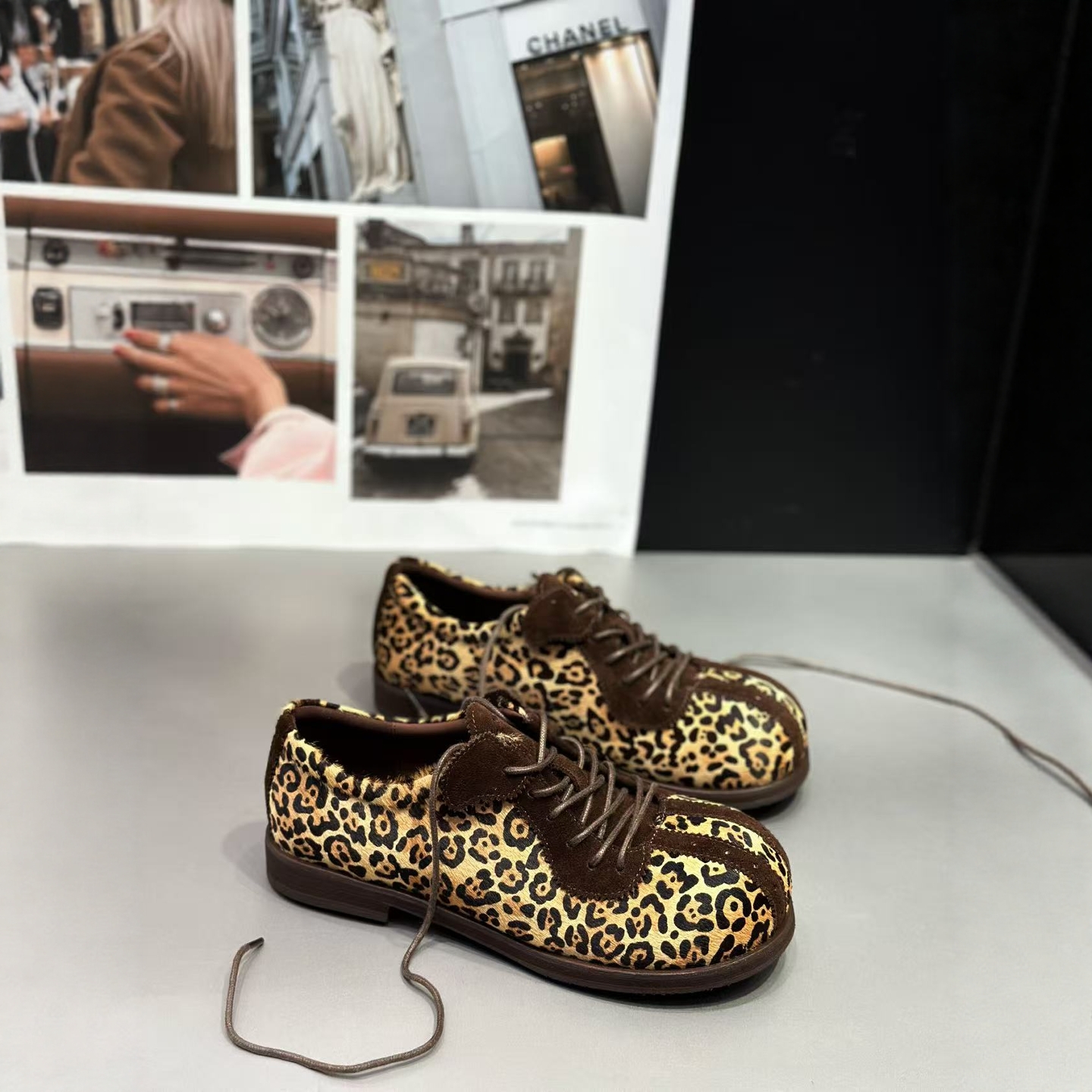 IDO豹纹英伦风小皮鞋女轻软系带