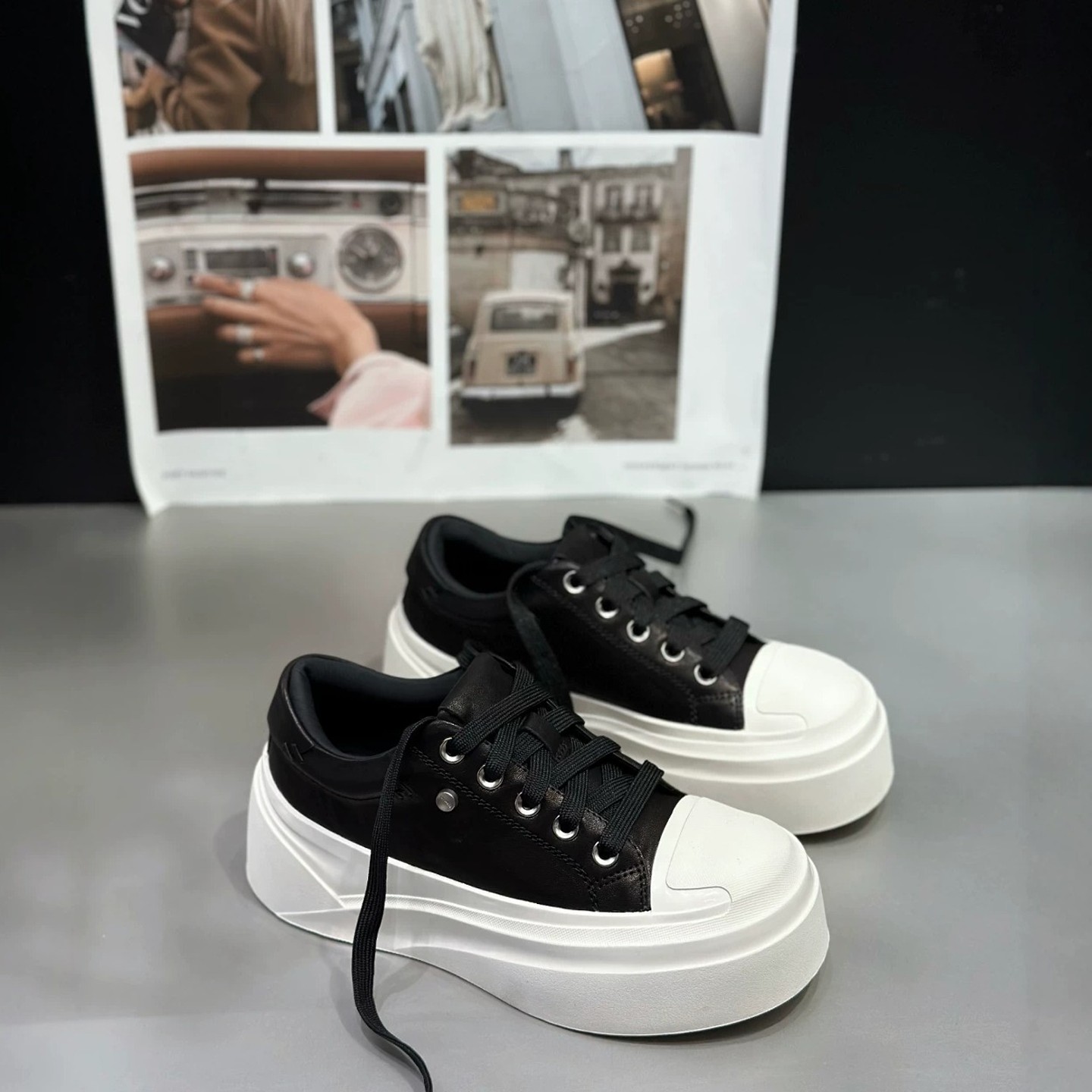 欧货IDO2026春款女鞋真皮时尚小众厚底板鞋黑色面包鞋女百搭增高,女鞋,休闲板鞋,淘宝优惠券,粉丝福利购,淘宝优惠卷