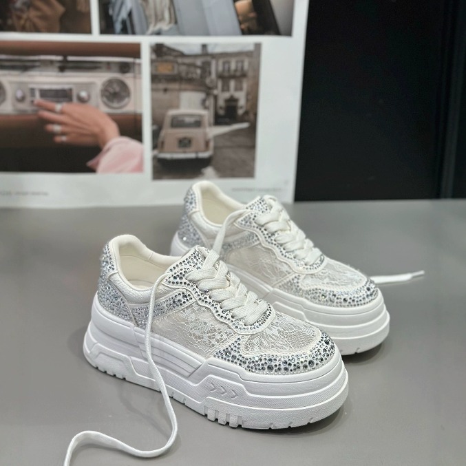 IDO烫钻蕾丝厚底板鞋松糕鞋镂空