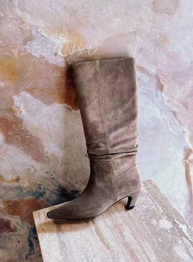 欧洲IDO鞋子女2025新款爆款靴子磨砂皮卡其色长靴4CM女小跟时装靴