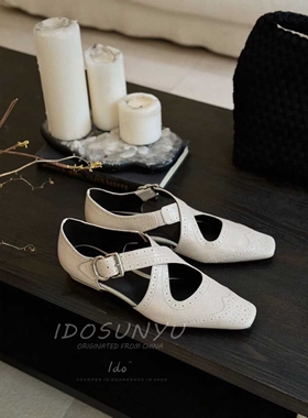 idosunyu法式鞋子女2026新款爆款真皮交叉带方头平底单鞋女配裙子