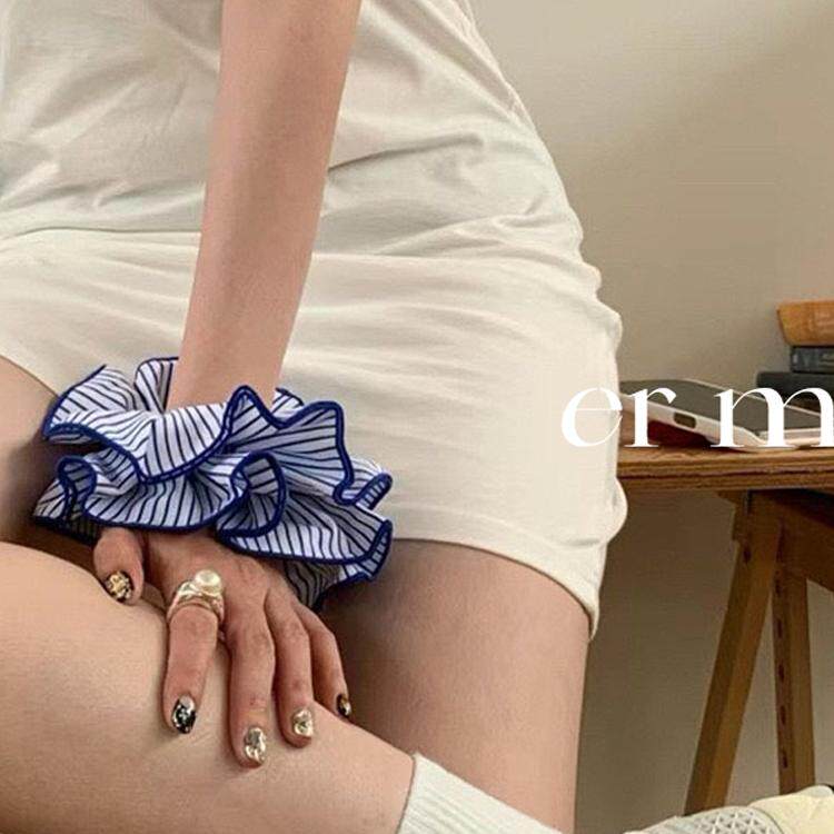 清爽蓝色~韩国ins博主同款时髦条纹布艺大肠发圈气质低马尾发绳女