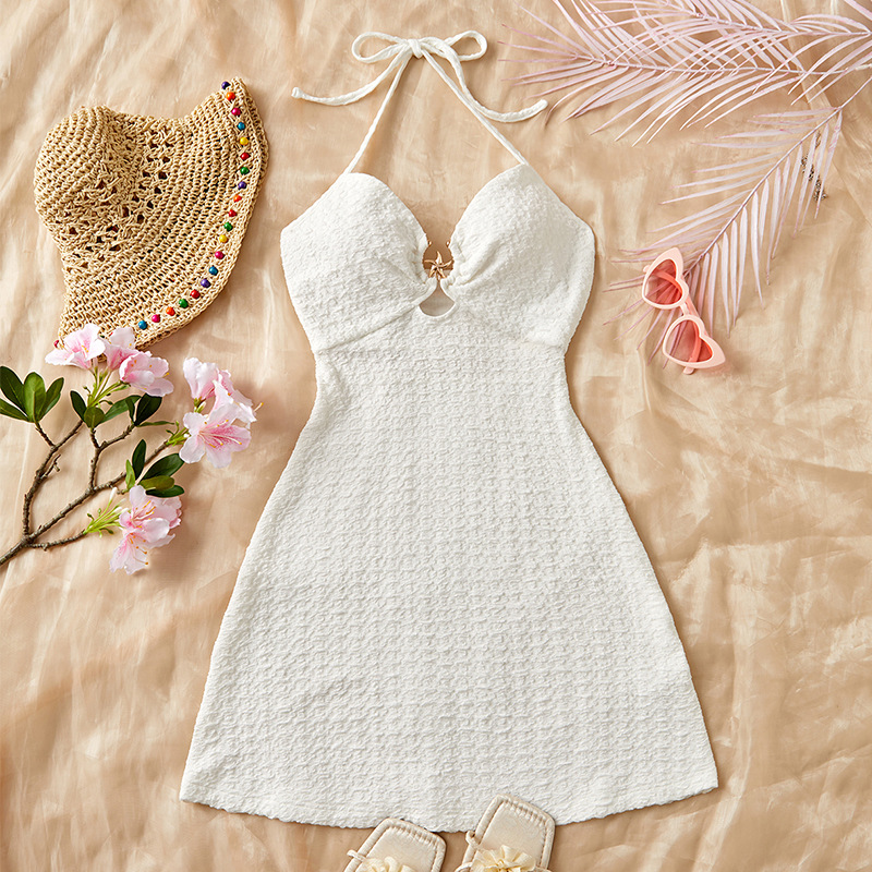 跨境亚马逊连衣裙2025夏季欧美度假风吊带裙性感挂脖中裙沙滩