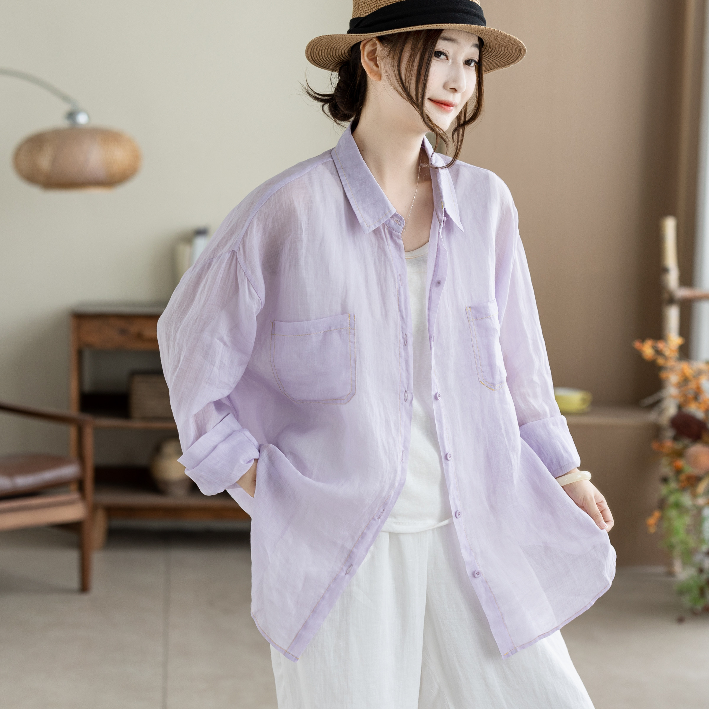 咖咪羽100%苎麻夏季新款浅紫色宽松上衣透气文艺防晒女装衬衫女