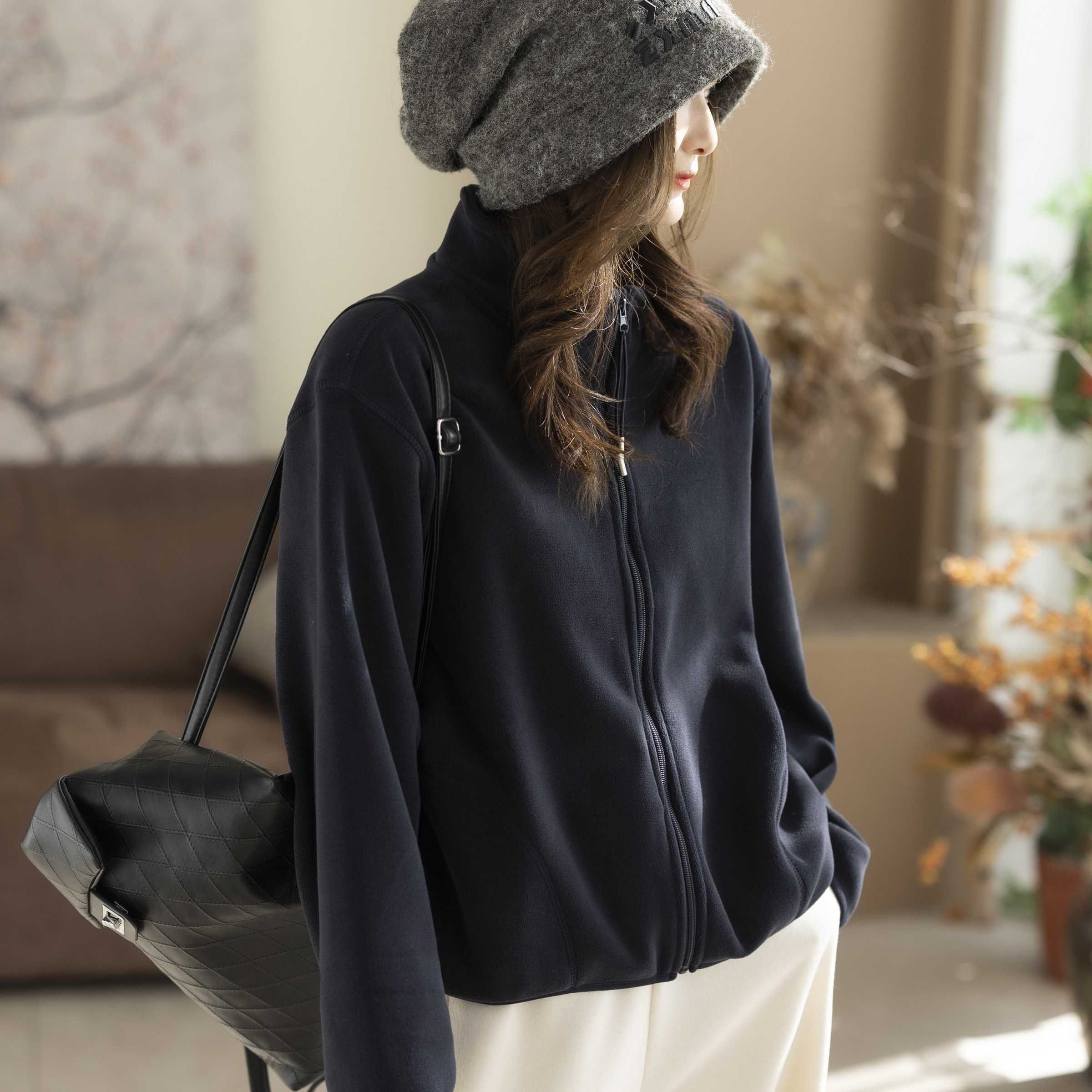 咖咪羽保暖不臃肿时尚摇粒绒立领卫衣外套秋冬双面绒上衣女