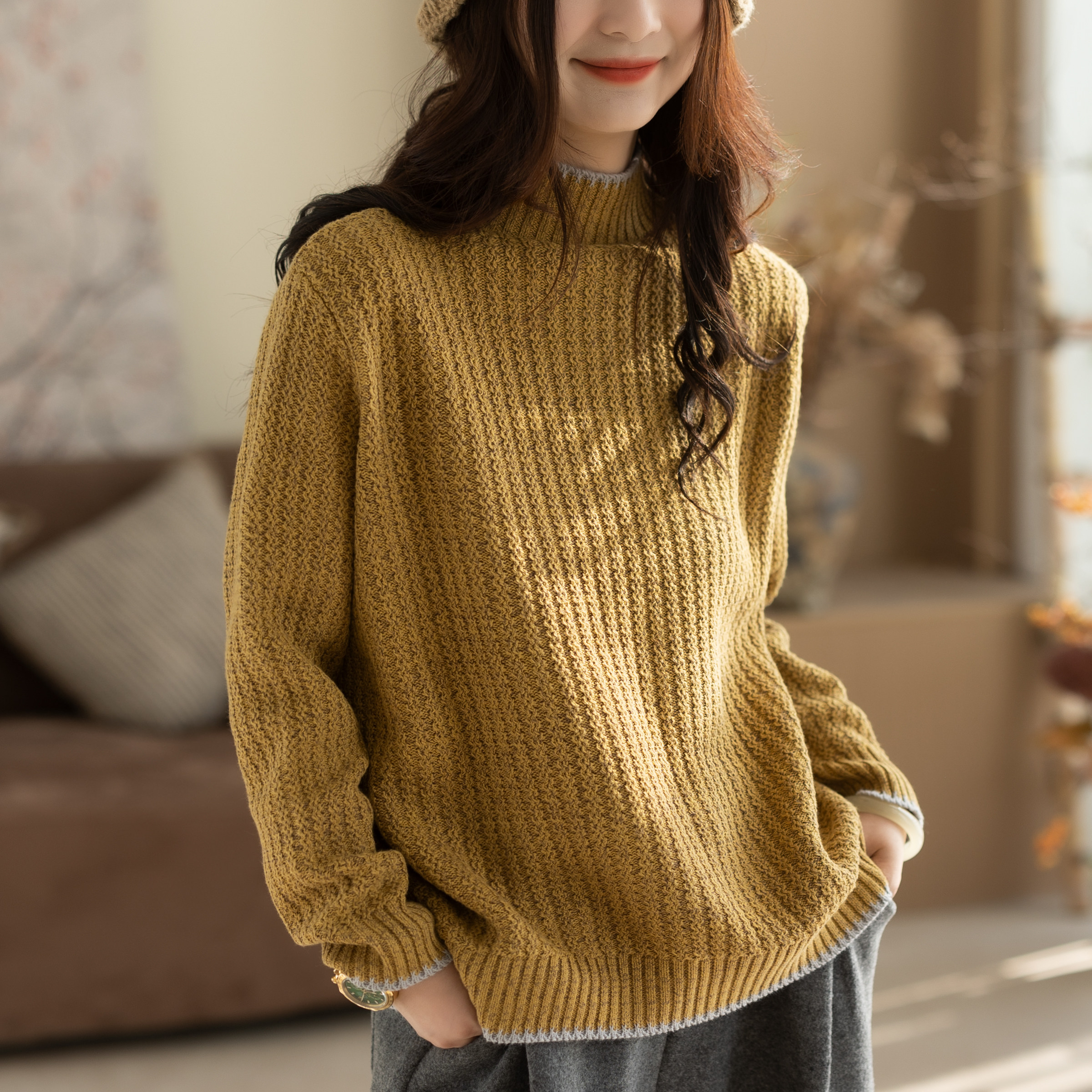 咖咪羽毛衣女冬装新款高领棉线文艺休闲通勤宽松流行好看女装上衣