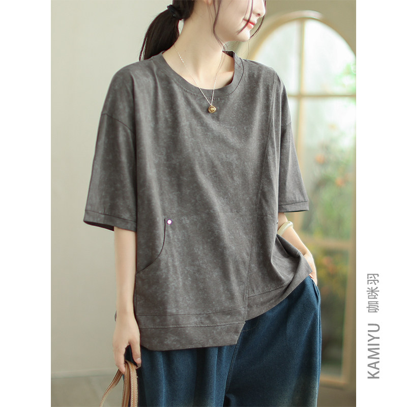 咖咪羽夏季短袖时尚圆领百搭显瘦休闲复古薄款棉质短袖T恤女