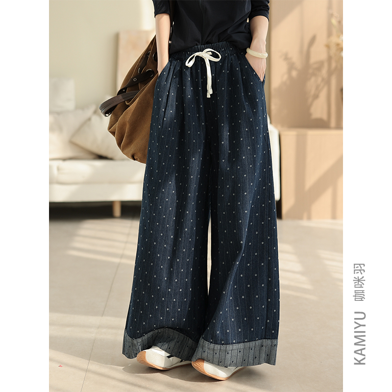 咖咪羽牛仔裤女设计感卷边阔腿裤宽松直筒秋季波点复古女款裤子女