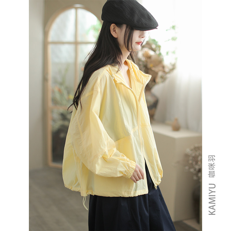 咖咪羽防晒服女夏季新款女式休闲连帽遮阳纯色拼接宽松大码女装
