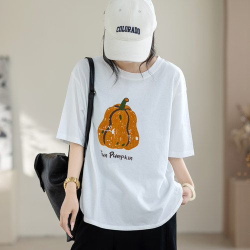 咖咪羽100%棉白色南瓜印花短袖夏季宽松显瘦慵懒风休闲上衣T恤女