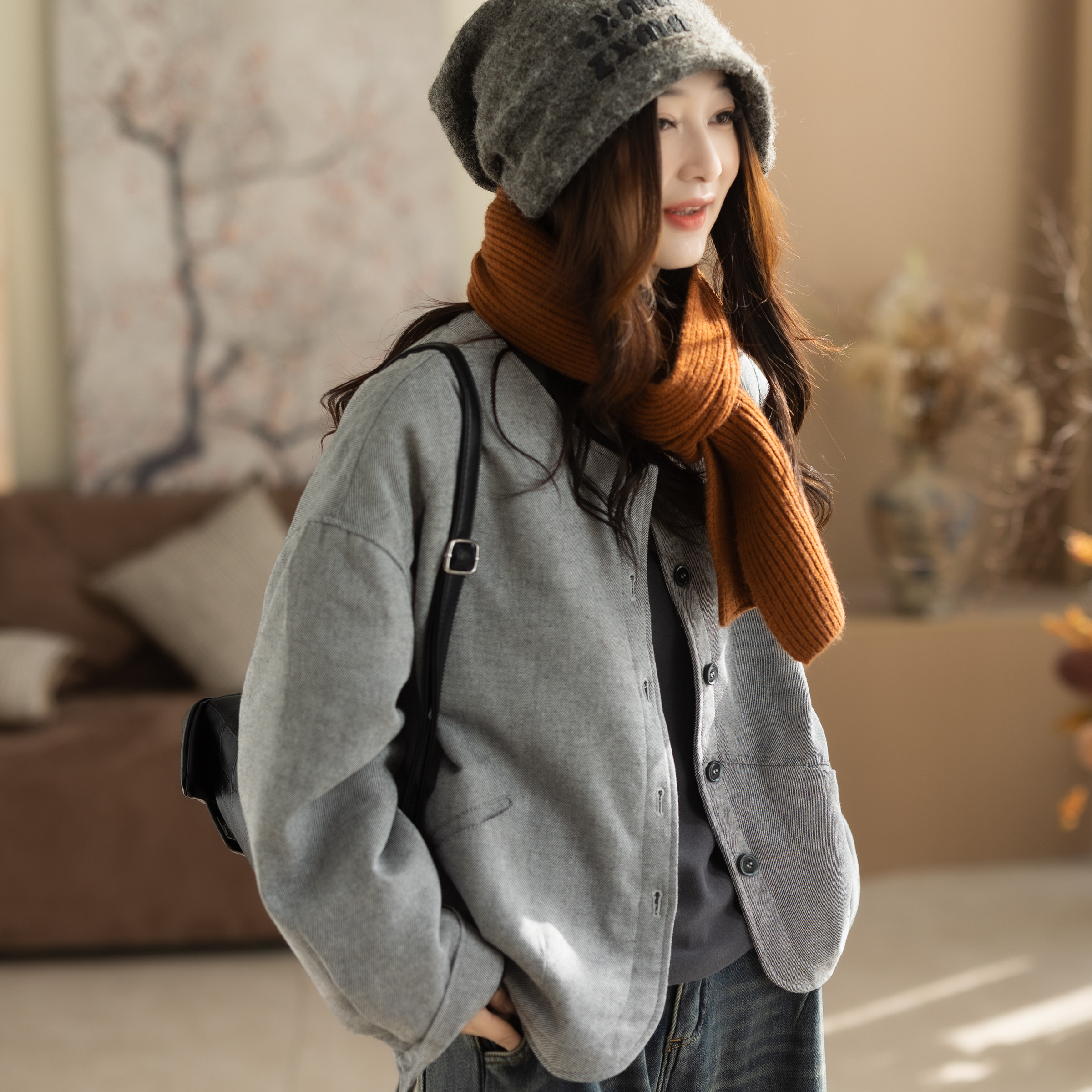 咖咪羽外套女秋冬新款女士宽松羊毛文艺流行通勤韩版纯色女装上衣