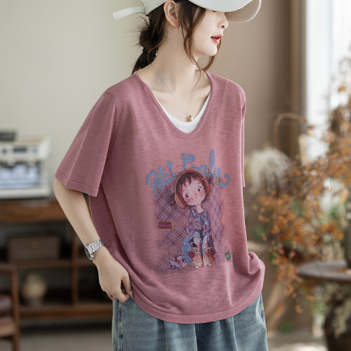 咖咪羽短袖夏季薄款假两件针织宽松V领印花减龄休闲上衣女装T恤