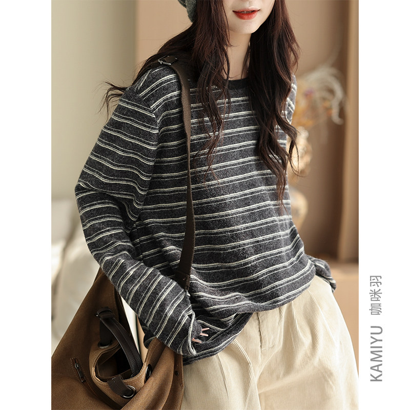 咖咪羽针织衫女秋装新款原创设计休闲条纹宽松圆领女装上衣内搭潮