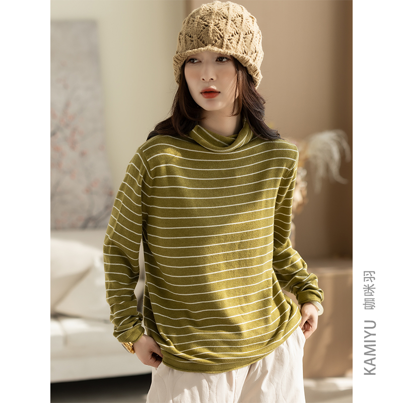 咖咪羽针织打底衫女秋冬新款女式高领休闲条纹流行好看女装上衣潮