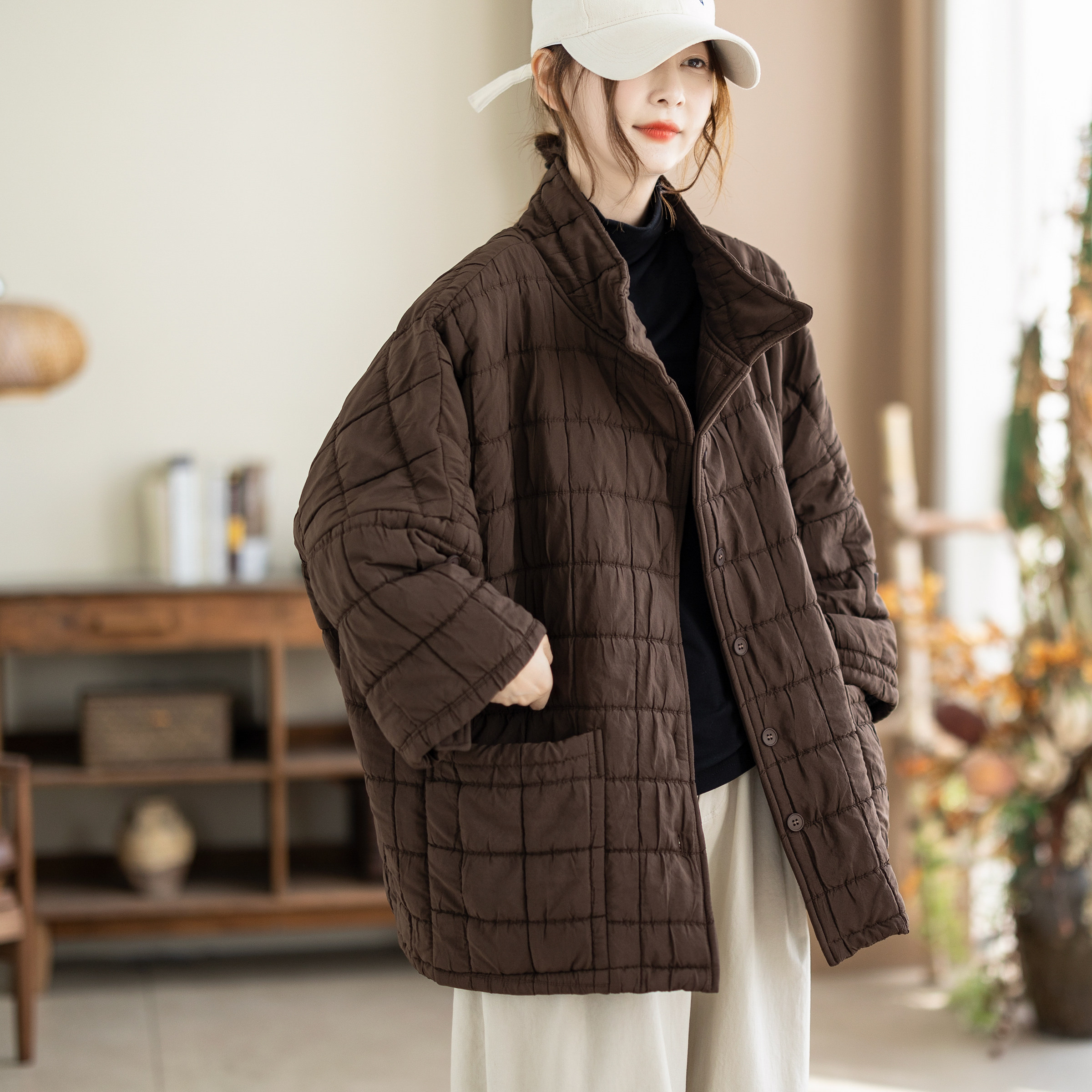 咖咪羽棉服女秋冬新款女士宽松休闲松弛纯色文艺复古女装上衣棉袄