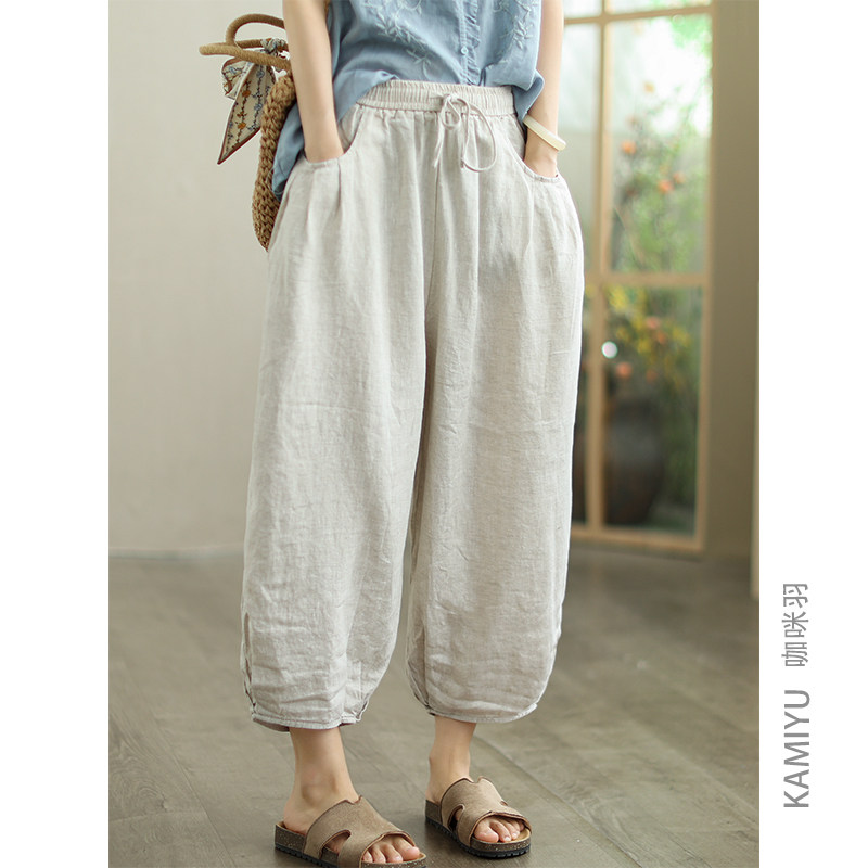 咖咪羽100%亚麻休闲裤女新款时尚直筒宽松拼接薄款百搭女装裤子