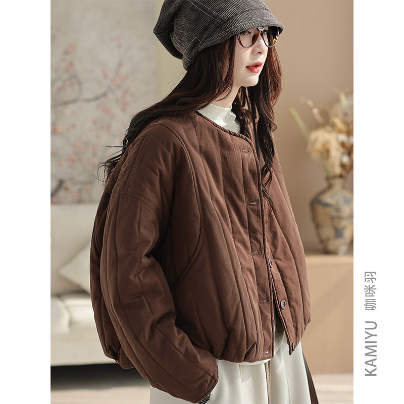 咖咪羽圆领复古棉服新款秋冬季夹棉外套宽松大码休闲保暖棉衣女