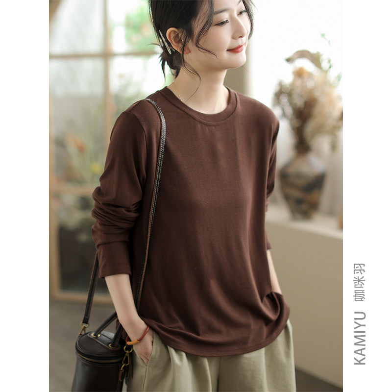 咖咪羽打底衫女春秋新款时尚圆领长袖纯色休闲文艺复古女装上衣