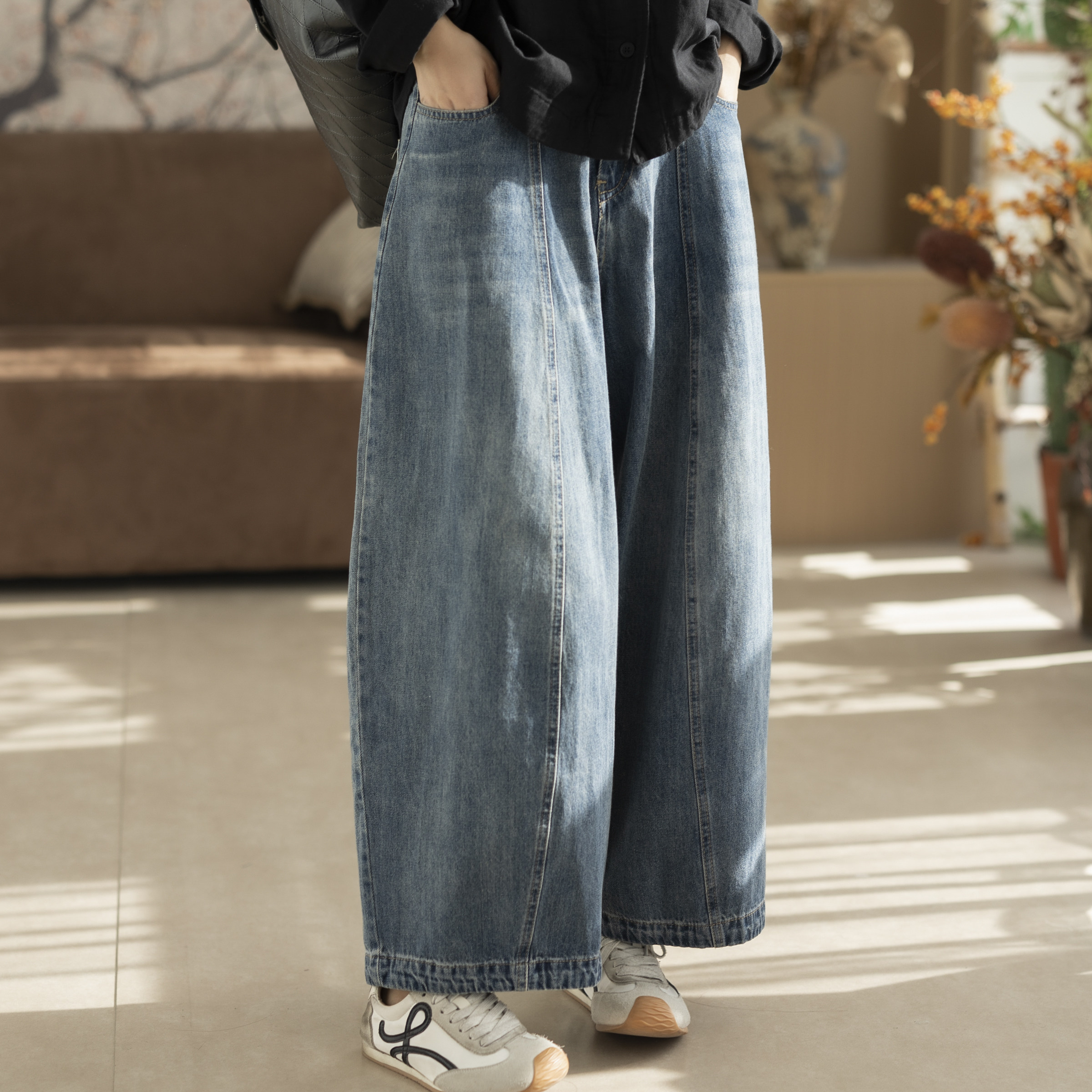 咖咪羽美式复古阔腿裤女春秋新款水洗宽松休闲哈伦气球牛仔裤