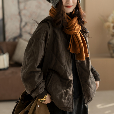 咖咪羽棉服女秋冬新款女士休闲菱形格百搭复古流行棉麻女装外套厚