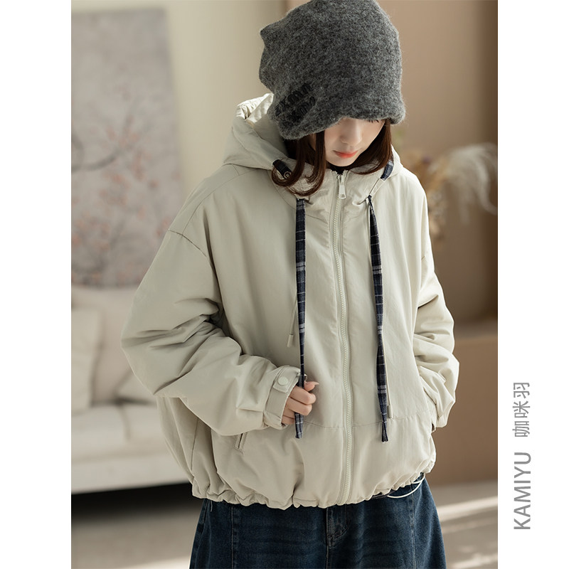 咖咪羽外套女秋冬新款女士连帽纯色宽松简约文艺休闲流行女装上衣