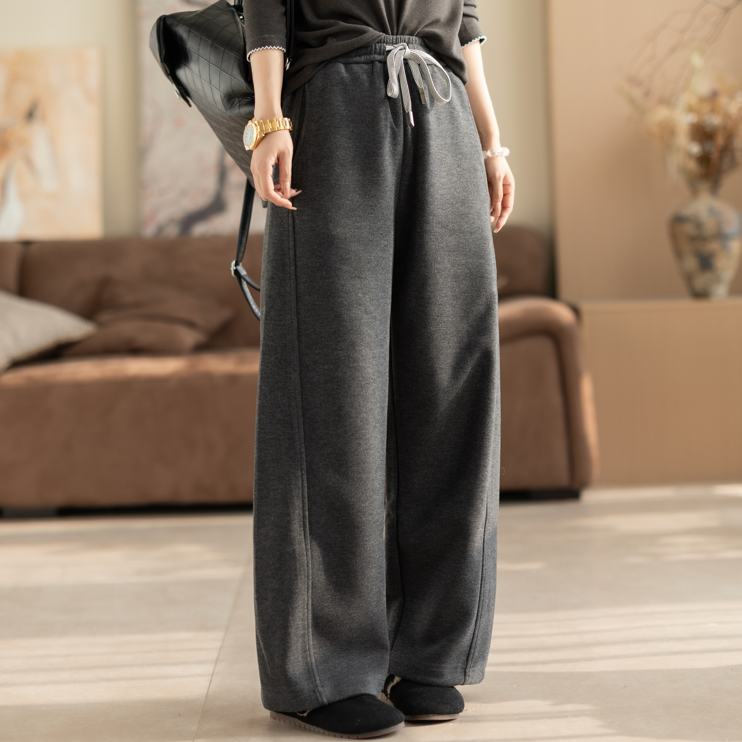 咖咪羽高密针织直筒裤加厚秋冬季新款流行女士百搭宽松休闲女裤