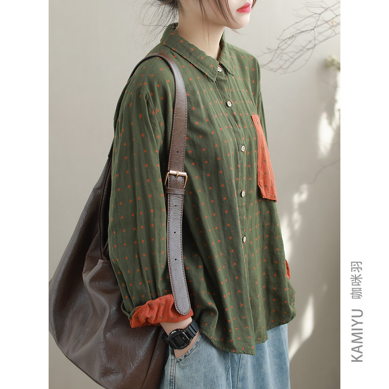 咖咪羽衬衫女秋装新款时尚休闲百搭复古棉质文艺气质女双上衣开衫