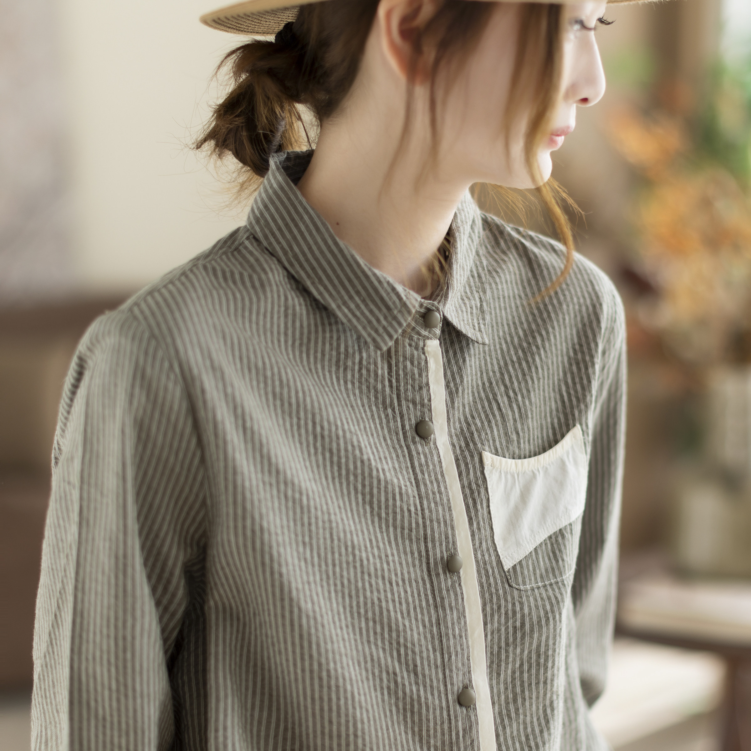 咖咪羽衬衫女春秋新款女士条纹全棉长袖流行好看通勤女装上衣开衫