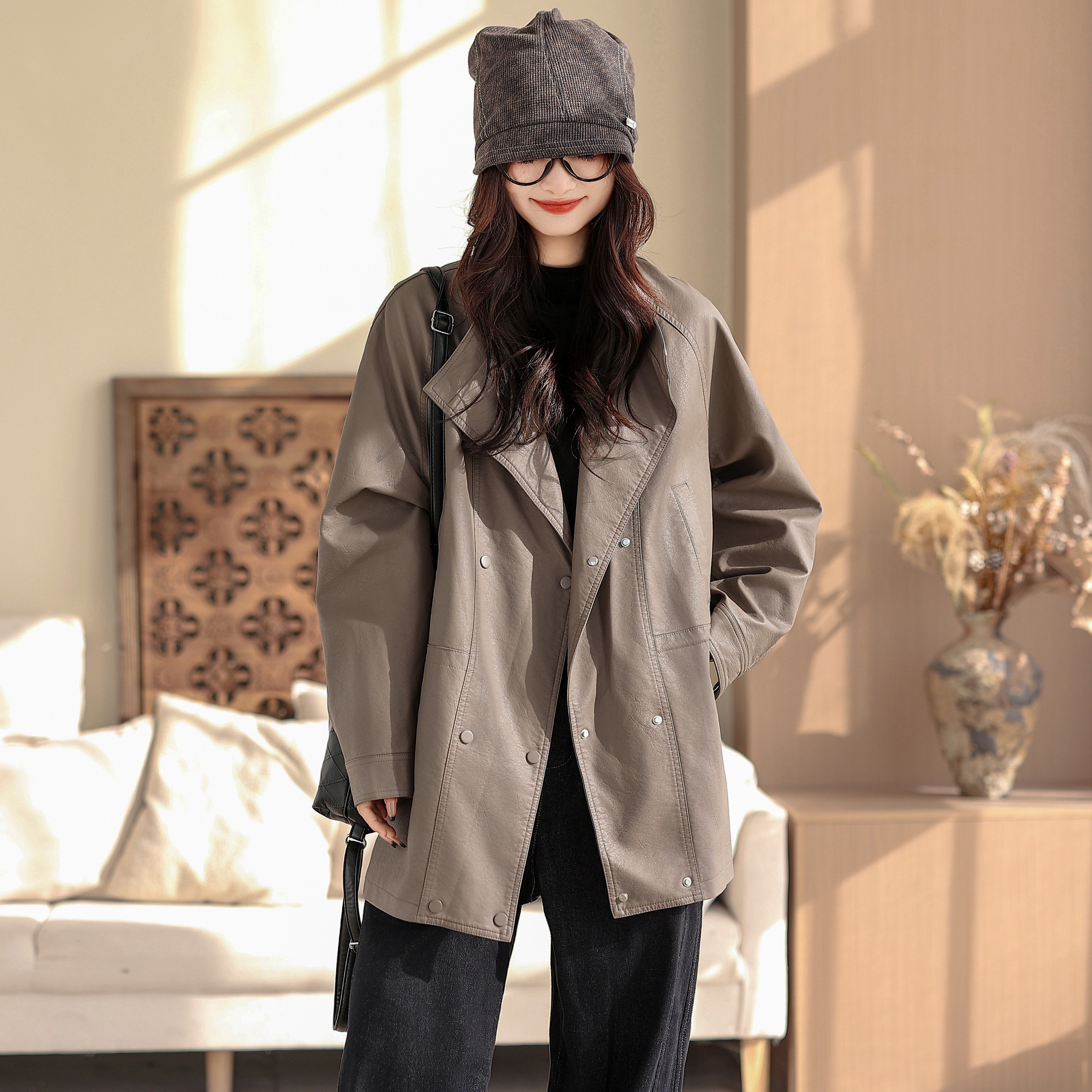 咖咪羽皮风衣女秋冬新款女士中长款百搭流行好看简约时尚女装外套